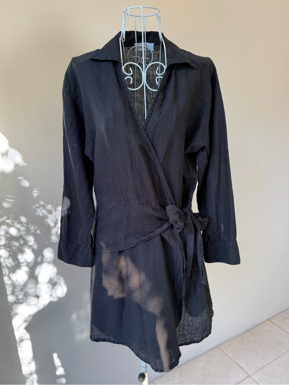 MONDAY 100% Linen Black Wrap Mini Dress Size S Long Sleeve Tie Waist